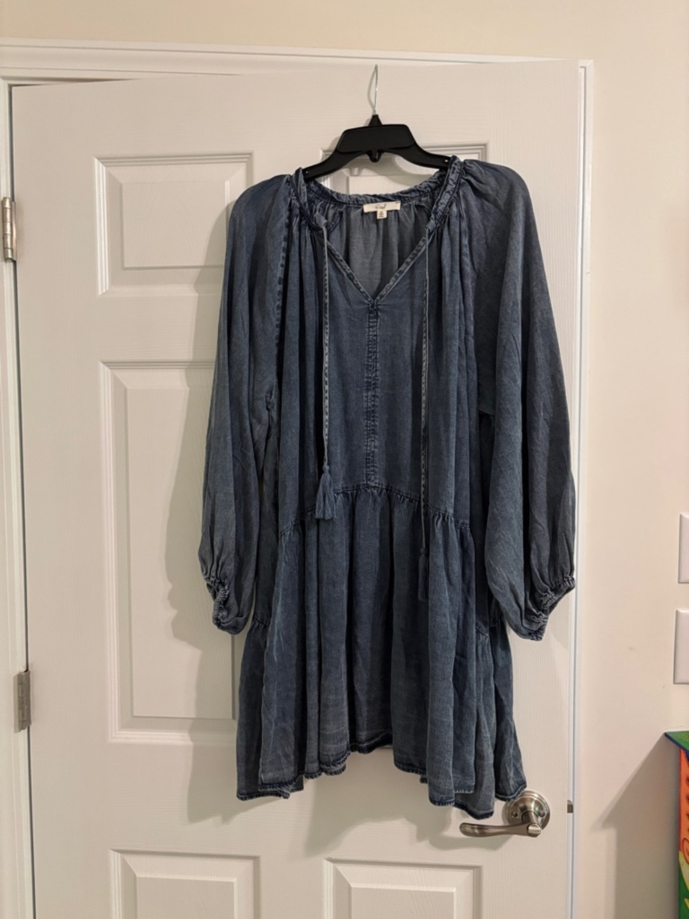easel Washed Blue Long Sleeve Peasant Dress/ tunic top with Tassel Tie